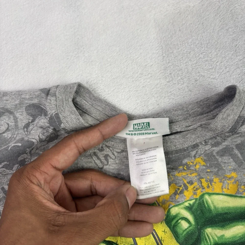 Y2K 2008 Hulk Marvel AOP Grey Long Sleeve Graphic Shirt Boys Size 7